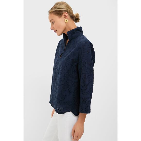 NOT FOR SALE - TUCKERNUCK Navy Nautical Eyelet Margot Stand Collar Blouse Size L - Picture 6 of 8